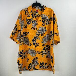 Vtg Camp Shirt Mens XL Orange Yellow Floral AOP Print Button Up Hawaiian‎ Casual